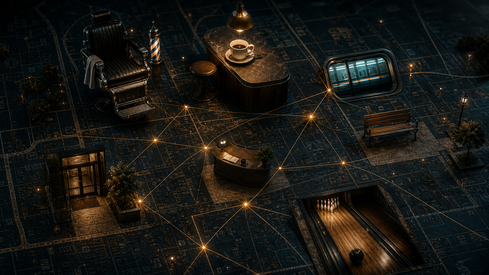 A cinematic map of everyday places connected by glowing paths