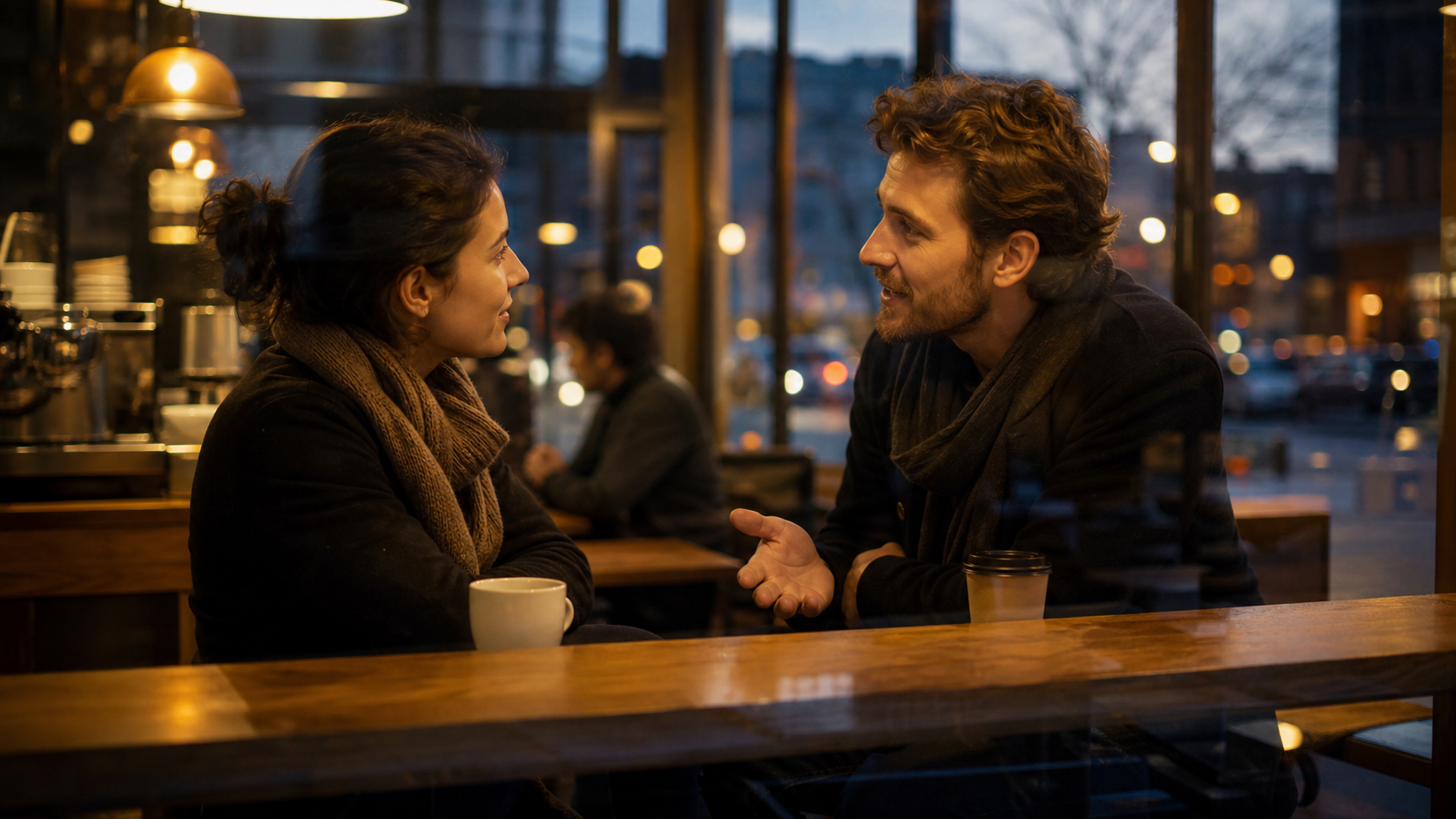 Two people in a quiet cafe talking over coffee